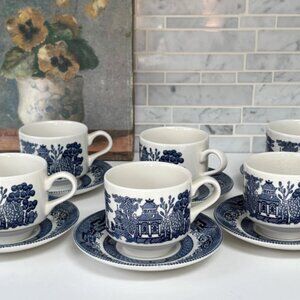 Vintage Churchill Blue Willow Transferware Teacups, Saucers, Set of 6